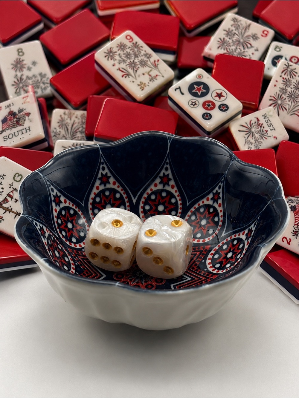 Mahjong Tiles Ceramic Dice Dish blue and red